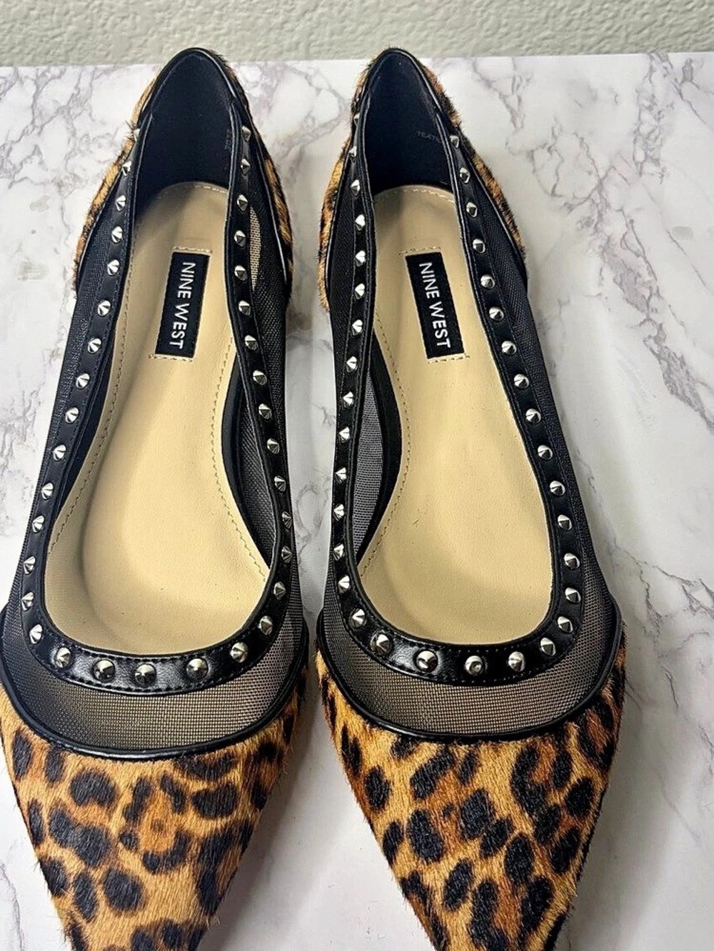 Nine West Leopard Print Pointed Toe Studded Flats Brown & Black US 7.5